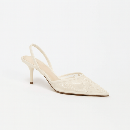 Aria Pointed Toe Mesh Slingback Heels with Floral Beaded Embroidery and Kitten Heel