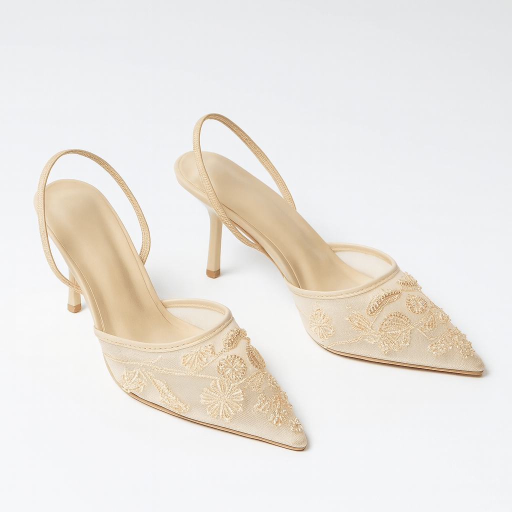 Aria Pointed Toe Mesh Slingback Heels with Floral Beaded Embroidery and Kitten Heel