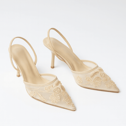 Aria Pointed Toe Mesh Slingback Heels with Floral Beaded Embroidery and Kitten Heel