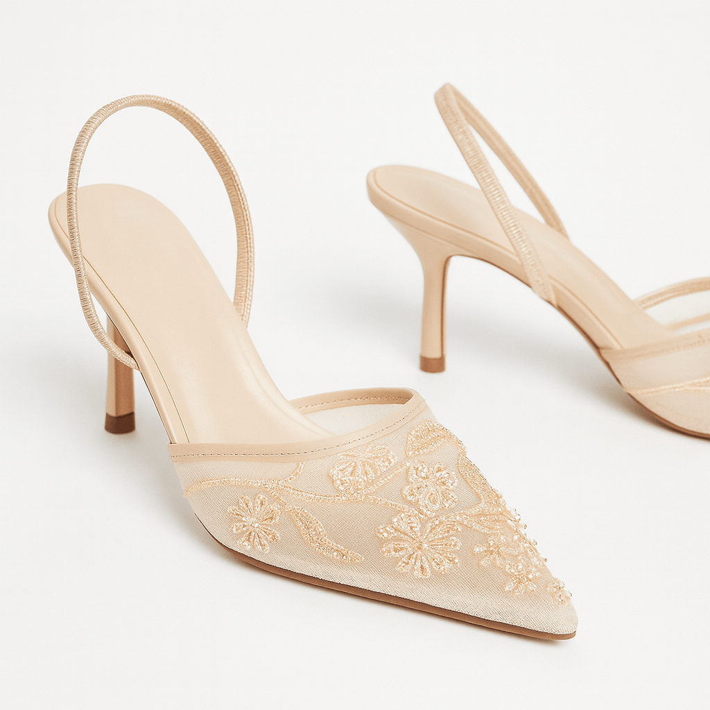 Aria Pointed Toe Mesh Slingback Heels with Floral Beaded Embroidery and Kitten Heel