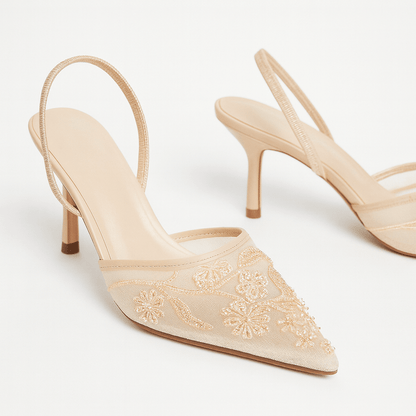 Aria Pointed Toe Mesh Slingback Heels with Floral Beaded Embroidery and Kitten Heel