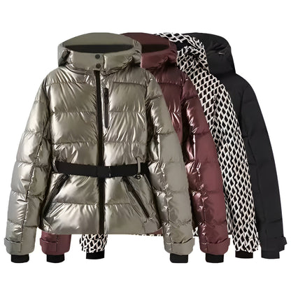 Aurora Diamond Print Hooded Down Jacket with Quilted Body and Belted Waist