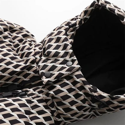 Aurora Diamond Print Hooded Down Jacket with Quilted Body and Belted Waist