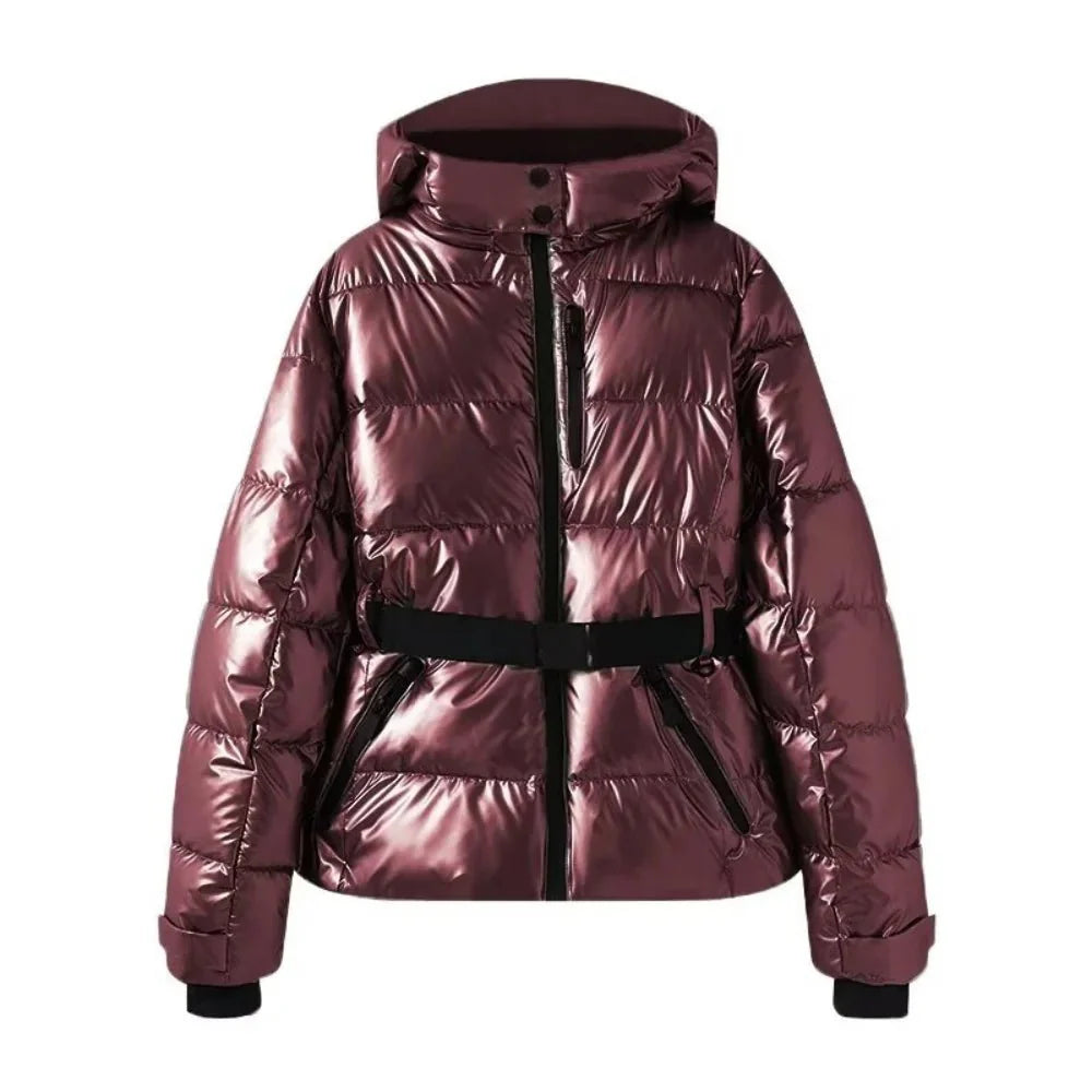 Aurora Diamond Print Hooded Down Jacket with Quilted Body and Belted Waist