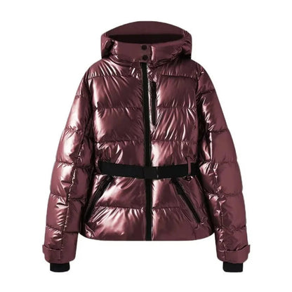 Aurora Diamond Print Hooded Down Jacket with Quilted Body and Belted Waist