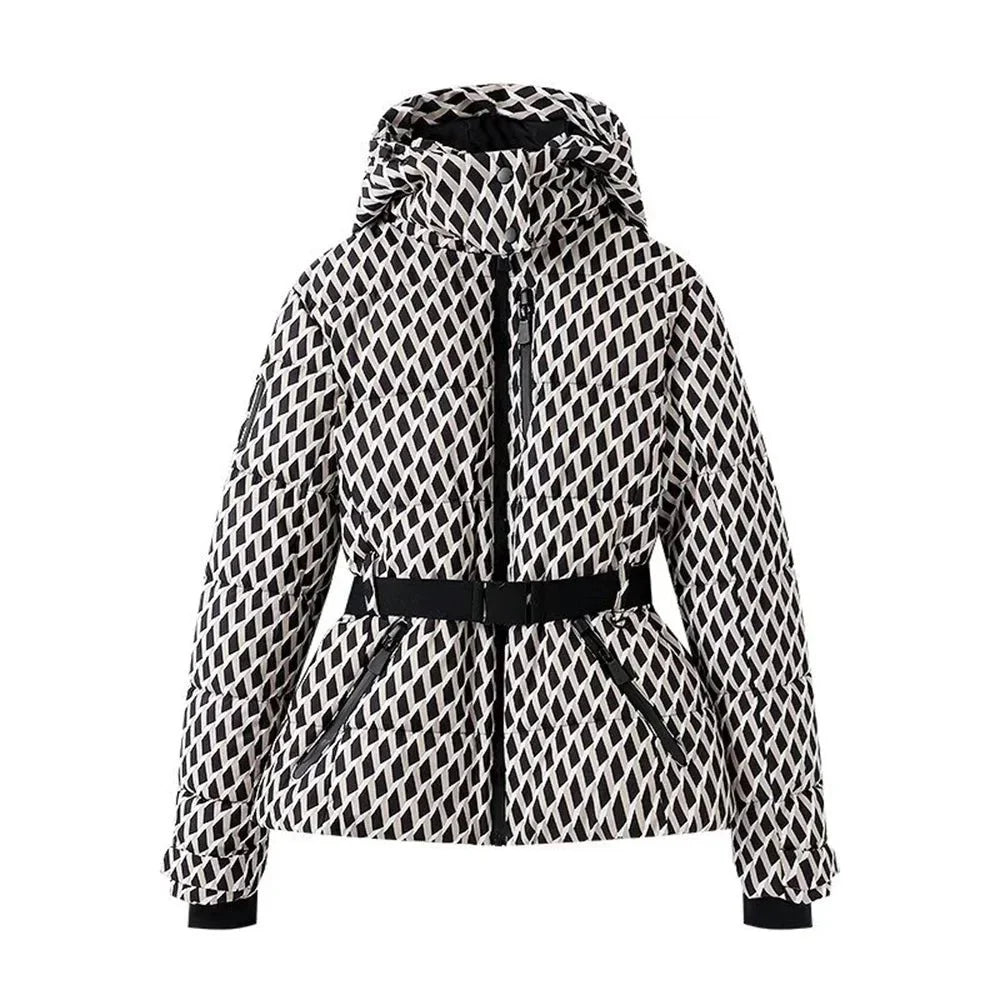 Aurora Diamond Print Hooded Down Jacket with Quilted Body and Belted Waist