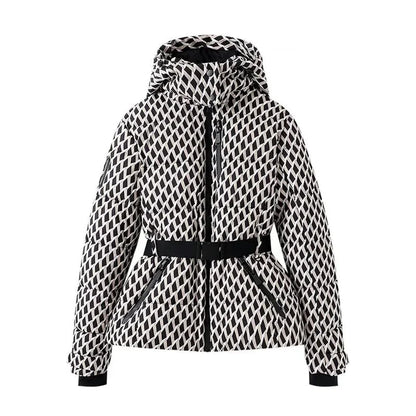Aurora Diamond Print Hooded Down Jacket with Quilted Body and Belted Waist