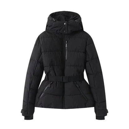 Aurora Diamond Print Hooded Down Jacket with Quilted Body and Belted Waist