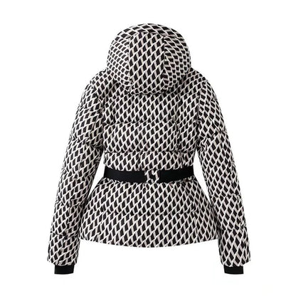 Aurora Diamond Print Hooded Down Jacket with Quilted Body and Belted Waist