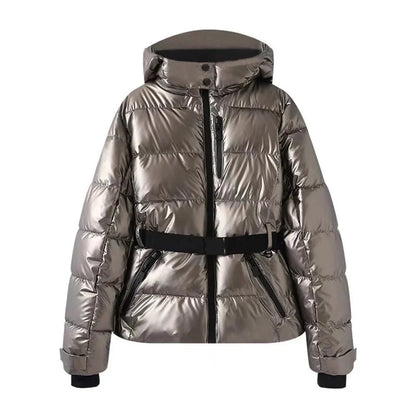 Aurora Diamond Print Hooded Down Jacket with Quilted Body and Belted Waist