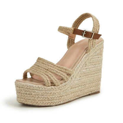 Ava Espadrille Platform Wedge Sandal with Rope Toe Strap and Ankle Buckle