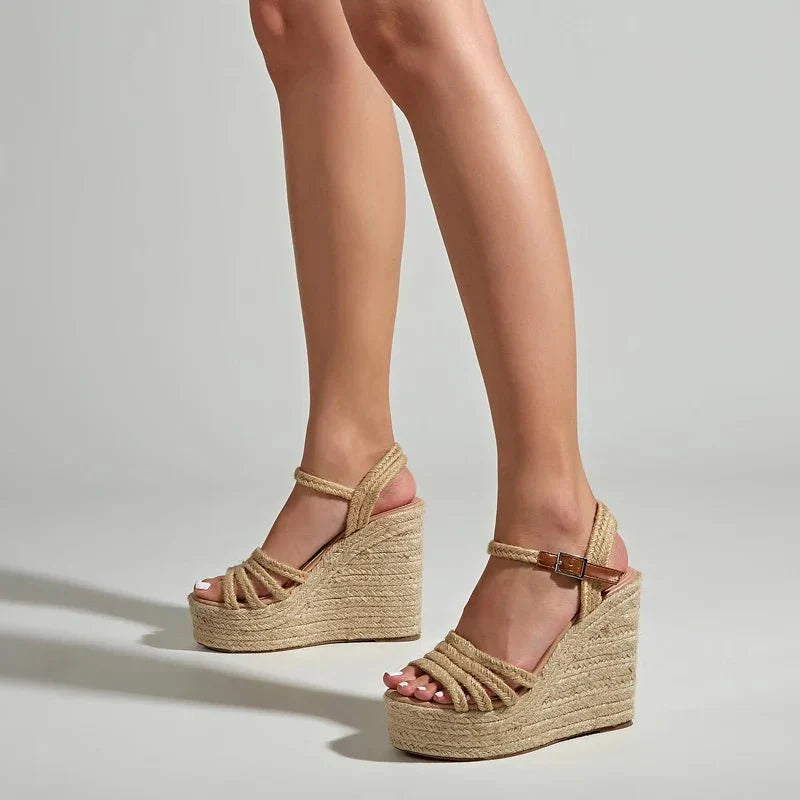 Ava Espadrille Platform Wedge Sandal with Rope Toe Strap and Ankle Buckle