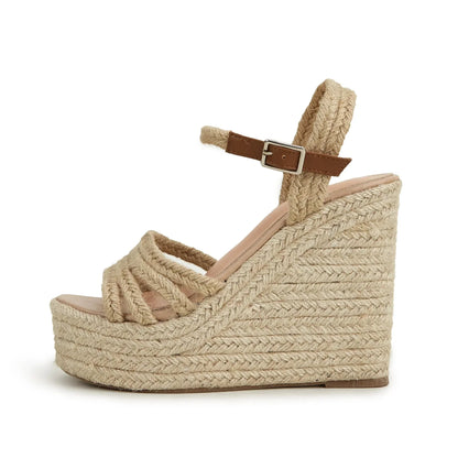 Ava Espadrille Platform Wedge Sandal with Rope Toe Strap and Ankle Buckle