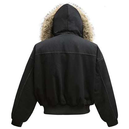 Avery Fleece Lined Bomber Jacket with Faux Fur Hood and Snap Button Pockets