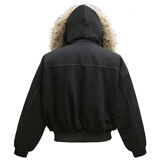 Avery Fleece Lined Bomber Jacket with Faux Fur Hood and Snap Button Pockets