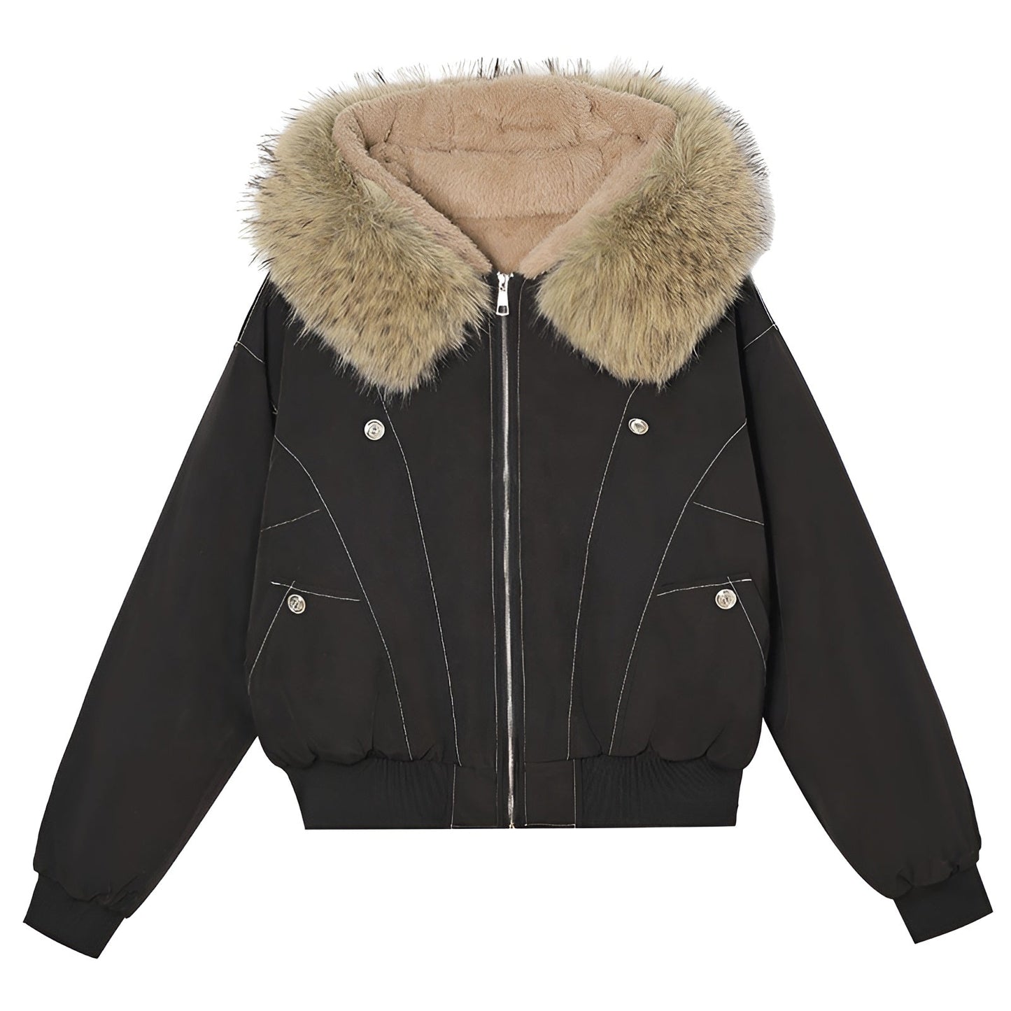 Avery Fleece Lined Bomber Jacket with Faux Fur Hood and Snap Button Pockets