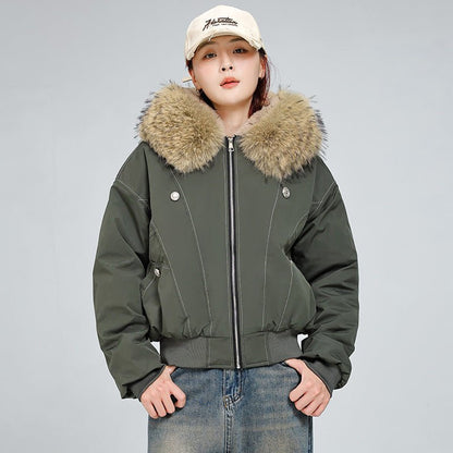 Avery Fleece Lined Bomber Jacket with Faux Fur Hood and Snap Button Pockets
