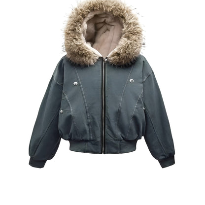 Avery Fleece Lined Bomber Jacket with Faux Fur Hood and Snap Button Pockets
