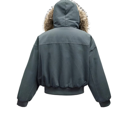 Avery Fleece Lined Bomber Jacket with Faux Fur Hood and Snap Button Pockets