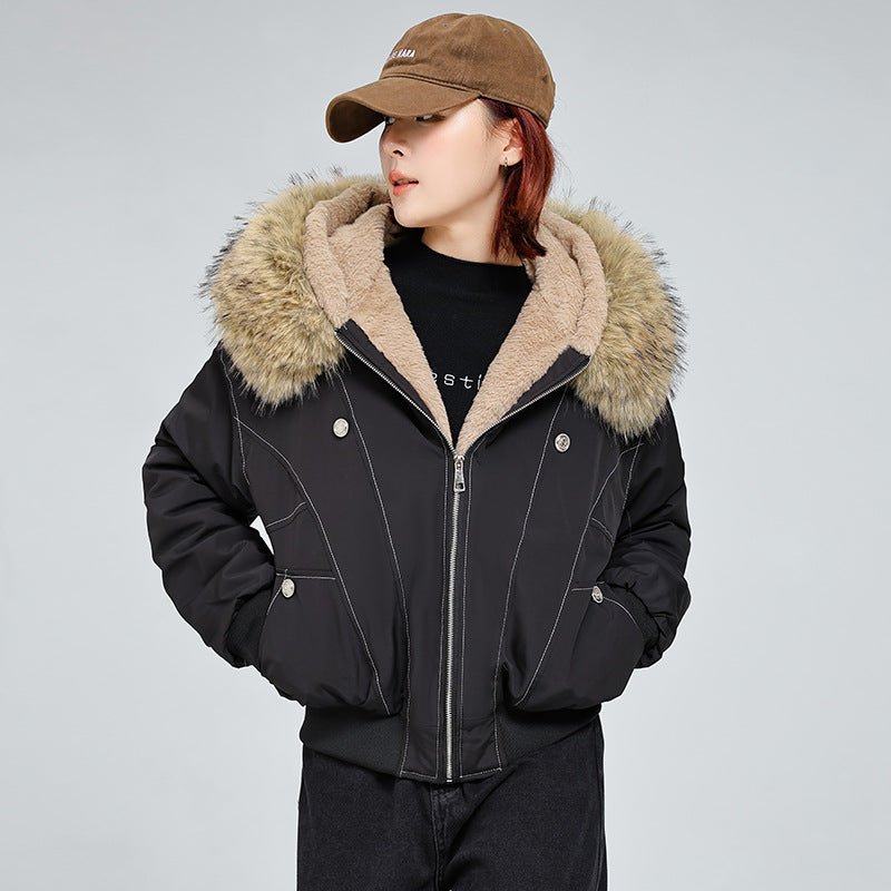 Avery Fleece Lined Bomber Jacket with Faux Fur Hood and Snap Button Pockets