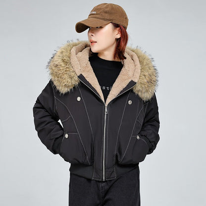 Avery Fleece Lined Bomber Jacket with Faux Fur Hood and Snap Button Pockets
