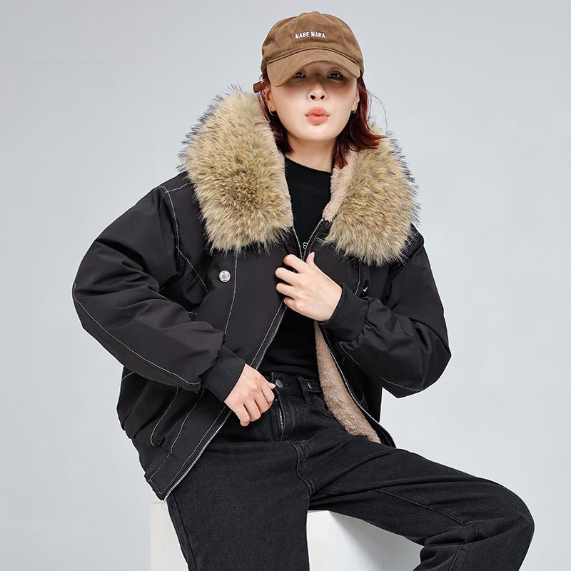 Avery Fleece Lined Bomber Jacket with Faux Fur Hood and Snap Button Pockets