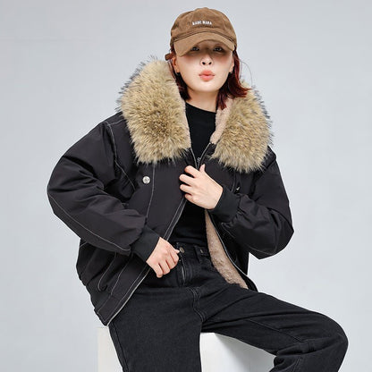 Avery Fleece Lined Bomber Jacket with Faux Fur Hood and Snap Button Pockets