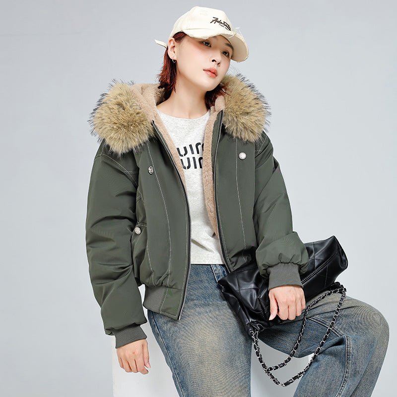 Avery Fleece Lined Bomber Jacket with Faux Fur Hood and Snap Button Pockets