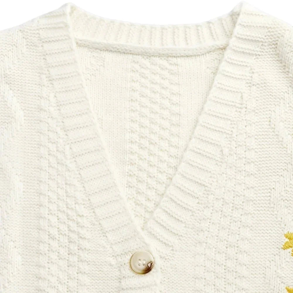 Azalea Cable Knit Cardigan with Floral Embroidered Pockets and V Neckline