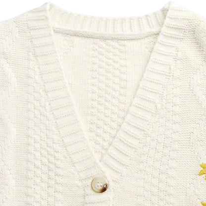 Azalea Cable Knit Cardigan with Floral Embroidered Pockets and V Neckline