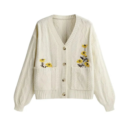 Azalea Cable Knit Cardigan with Floral Embroidered Pockets and V Neckline