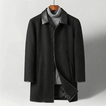 Vienna Longline Wool Coat, Contrast Leather Collar Trim and Slash Pockets