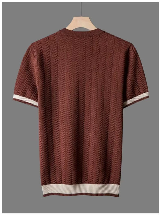 Bordeaux Textured Jacquard Knit Crewneck with Contrast Stripe Cuffs and Hem