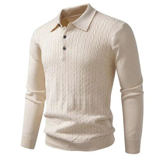 Cable Knit Long Sleeve Polo featuring Vertical Cable Texture and Ribbed Cuffs