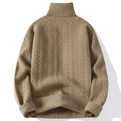 Beckett Chunky Cable Knit Turtleneck Sweater featuring Vertical Twist Panels and Ribbed Trim