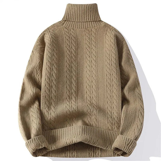 Beckett Chunky Cable Knit Turtleneck Sweater featuring Vertical Twist Panels and Ribbed Trim