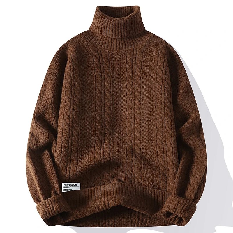 Beckett Chunky Cable Knit Turtleneck Sweater featuring Vertical Twist Panels and Ribbed Trim