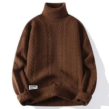 Beckett Chunky Cable Knit Turtleneck Sweater featuring Vertical Twist Panels and Ribbed Trim