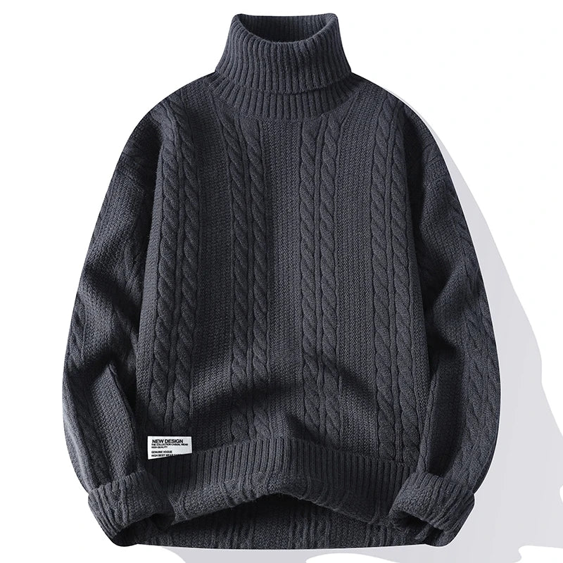 Beckett Chunky Cable Knit Turtleneck Sweater featuring Vertical Twist Panels and Ribbed Trim