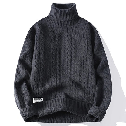 Beckett Chunky Cable Knit Turtleneck Sweater featuring Vertical Twist Panels and Ribbed Trim