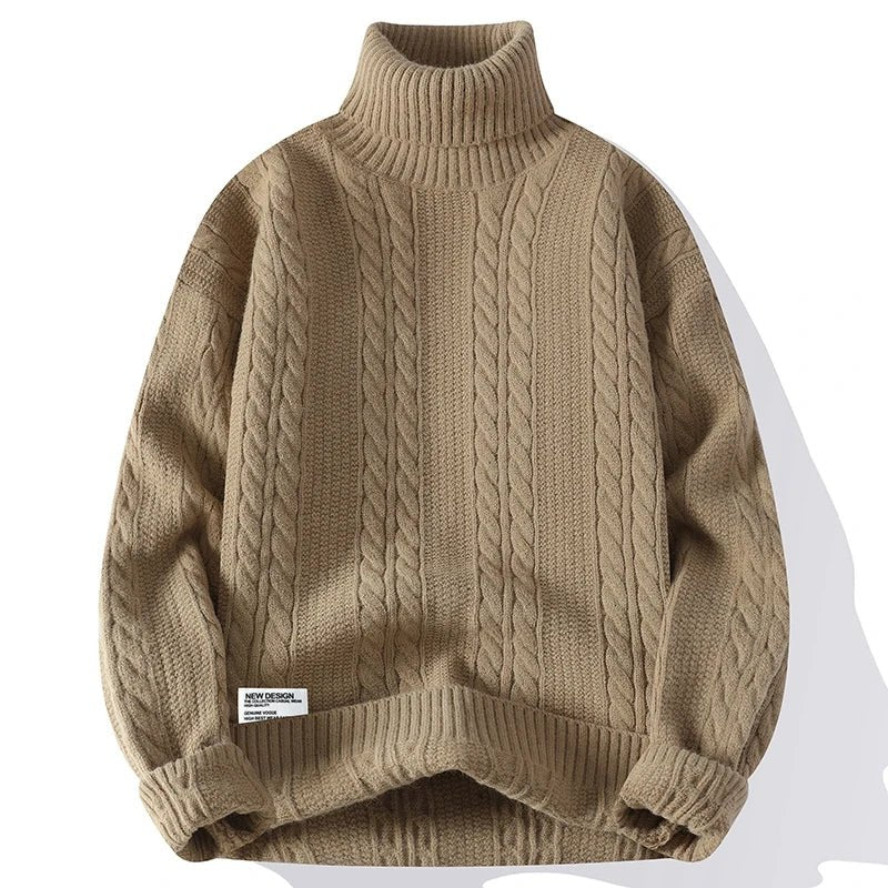 Beckett Chunky Cable Knit Turtleneck Sweater featuring Vertical Twist Panels and Ribbed Trim