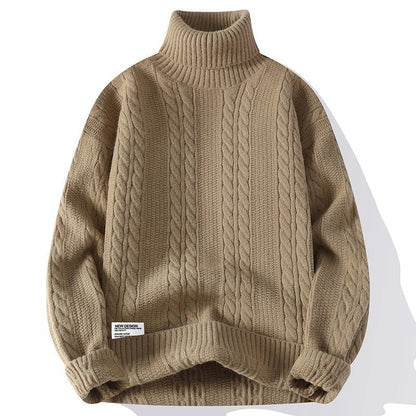 Beckett Chunky Cable Knit Turtleneck Sweater featuring Vertical Twist Panels and Ribbed Trim