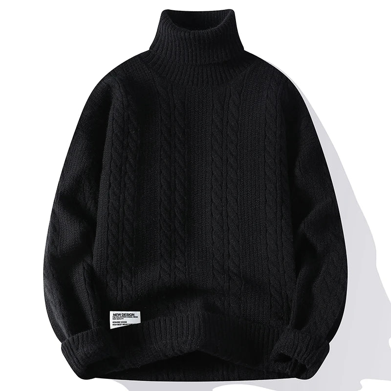 Beckett Chunky Cable Knit Turtleneck Sweater featuring Vertical Twist Panels and Ribbed Trim