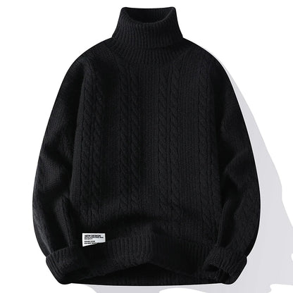 Beckett Chunky Cable Knit Turtleneck Sweater featuring Vertical Twist Panels and Ribbed Trim