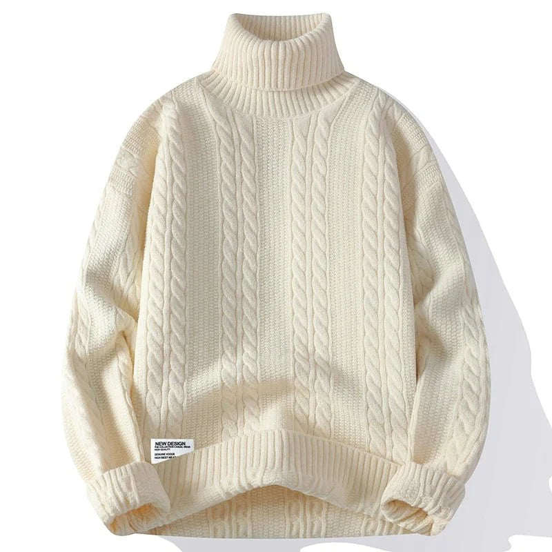 Beckett Chunky Cable Knit Turtleneck Sweater featuring Vertical Twist Panels and Ribbed Trim