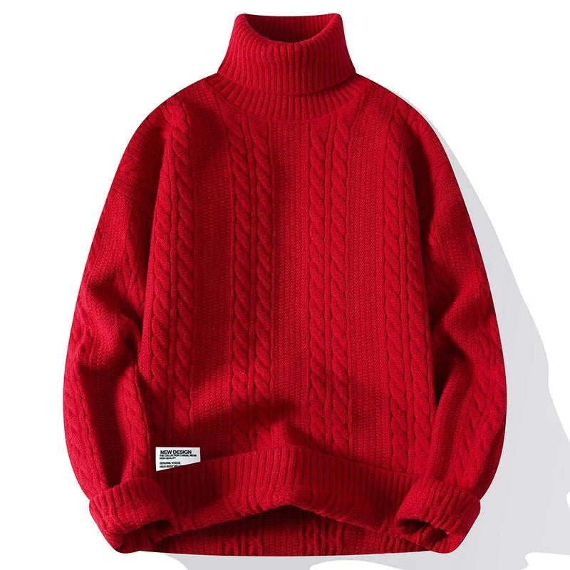 Beckett Chunky Cable Knit Turtleneck Sweater featuring Vertical Twist Panels and Ribbed Trim