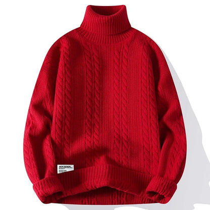 Beckett Chunky Cable Knit Turtleneck Sweater featuring Vertical Twist Panels and Ribbed Trim
