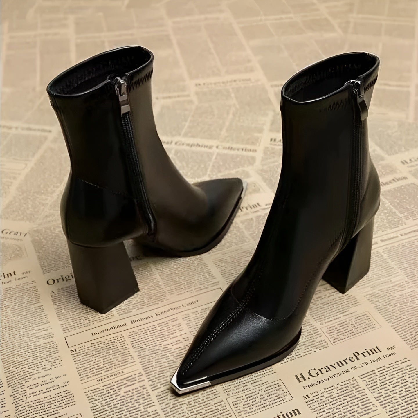 Camille Sleek Pointed Toe Pull On Ankle Boot with Chrome Tip and Block Heel
