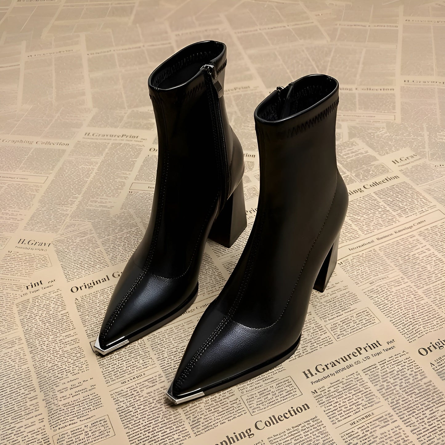 Camille Sleek Pointed Toe Pull On Ankle Boot with Chrome Tip and Block Heel
