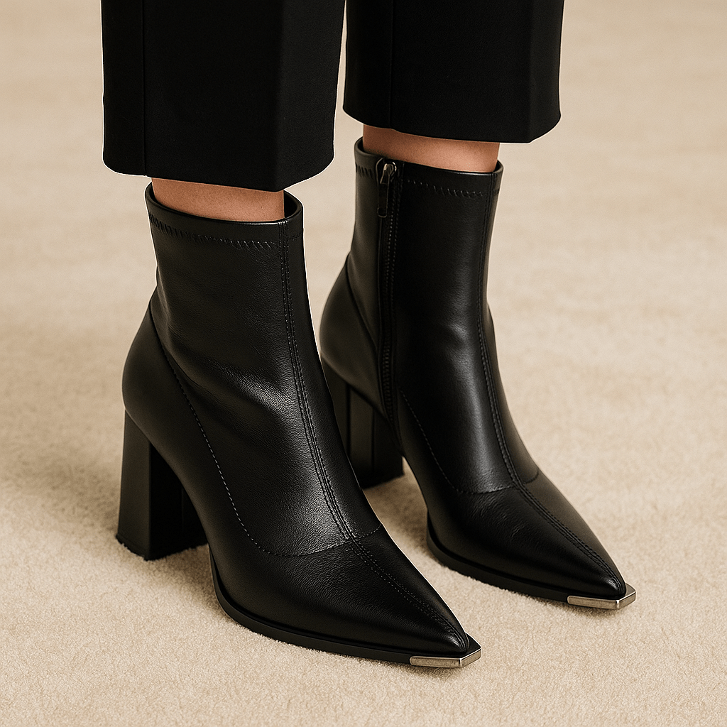 Camille Sleek Pointed Toe Pull On Ankle Boot with Chrome Tip and Block Heel
